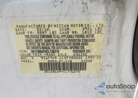 2012 Nissan Sentra 2.0 из США, поврежденный, VIN 3N1AB6AP4CL736270